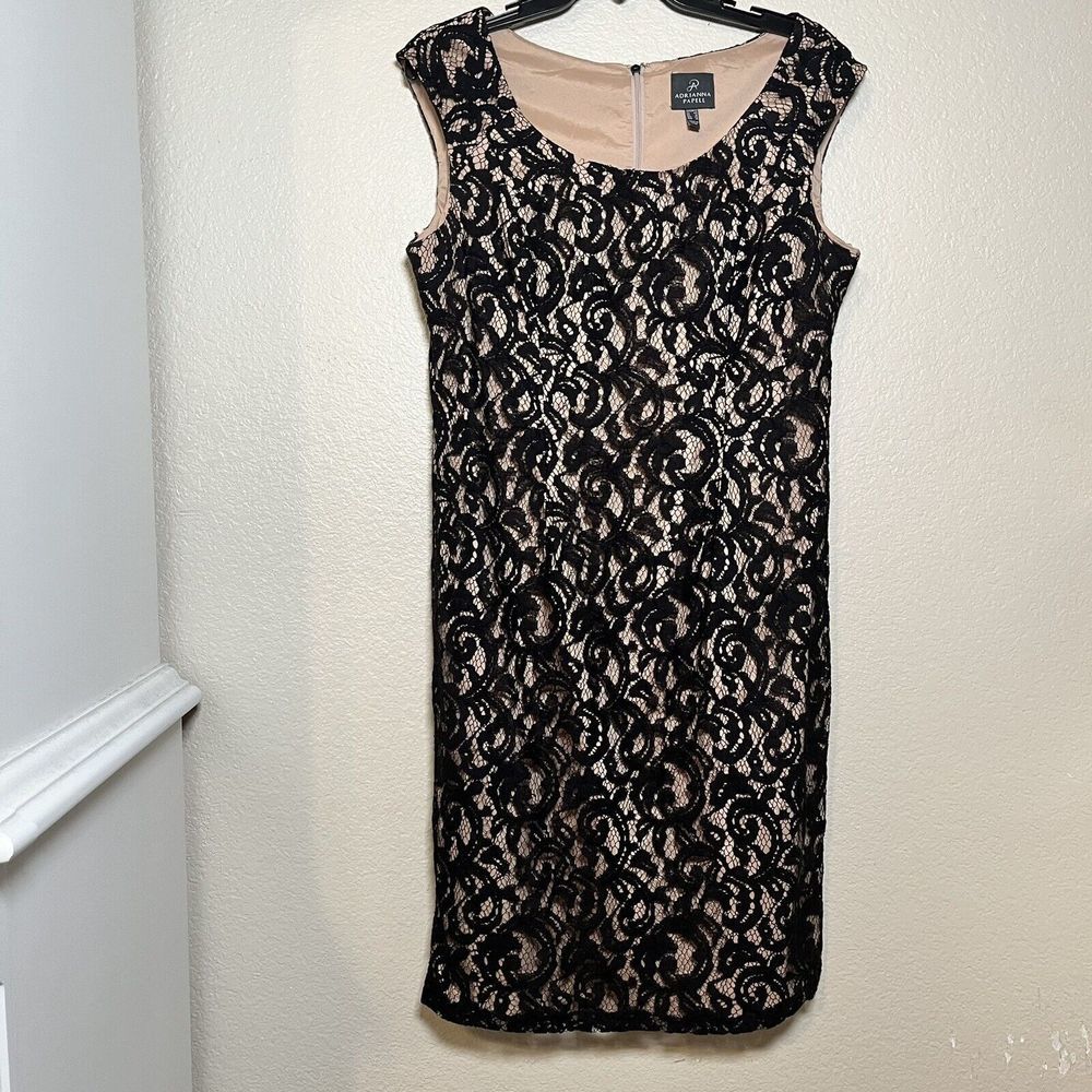 Adrianna Papell 12 Black Sleeveless Lace Sheath Dress Scoop Neck Cocktail Party